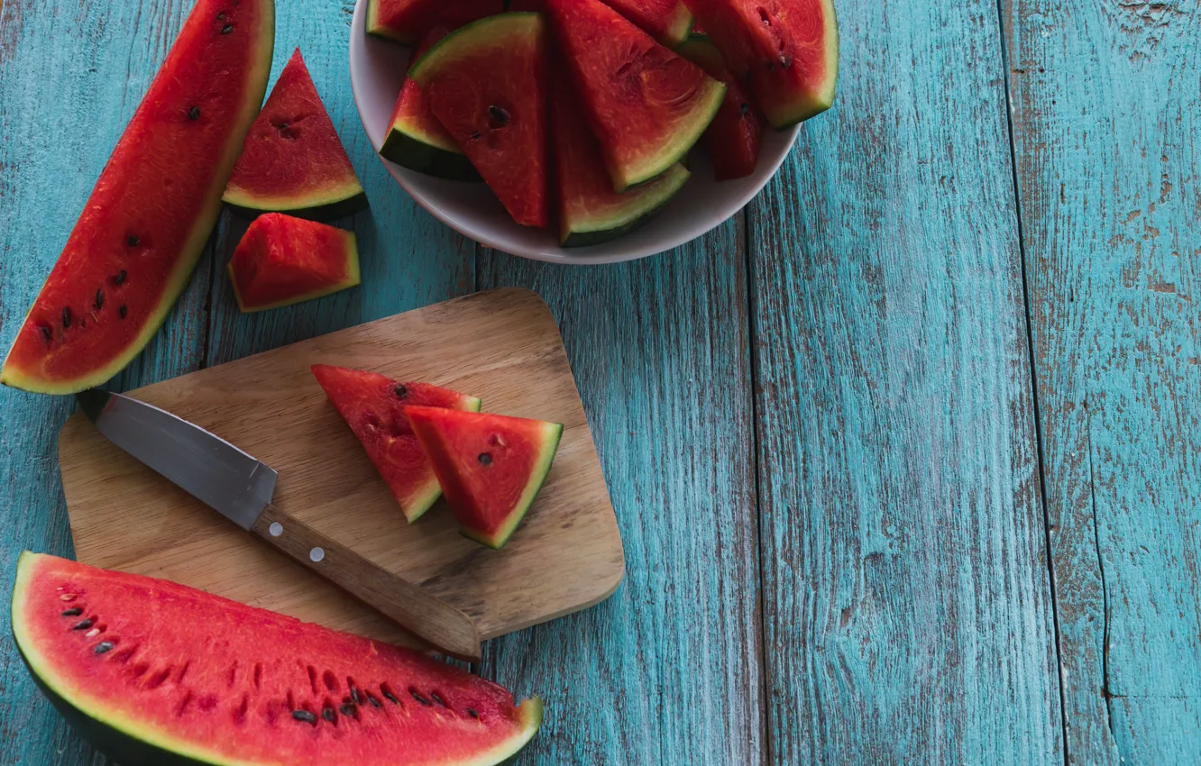 Photo wallpaper Watermelon, knife, Background, Board, slices