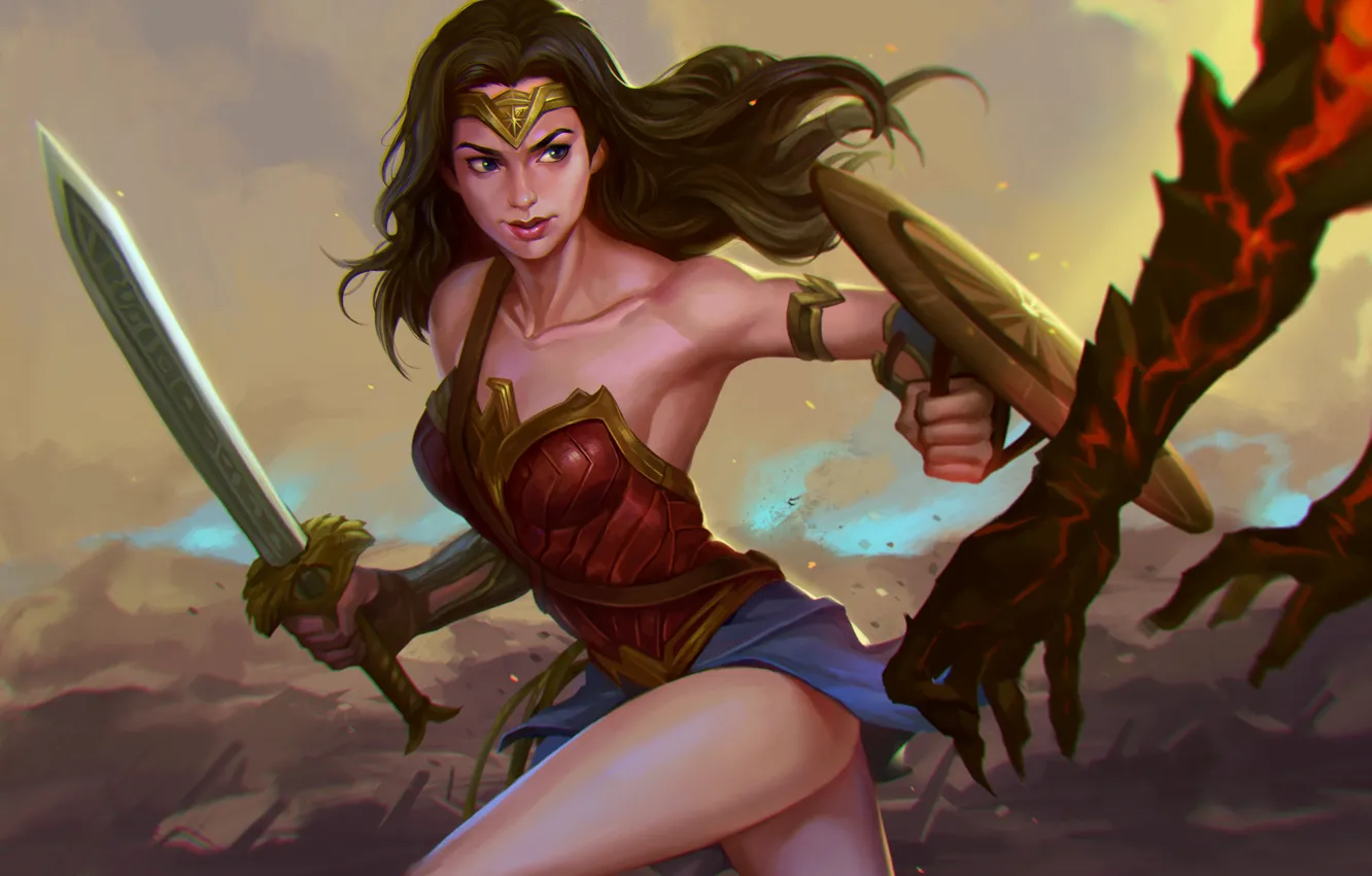 Photo wallpaper Girl, Sword, Wonder Woman, Art, Shield, DC Comics, Diana, Diana