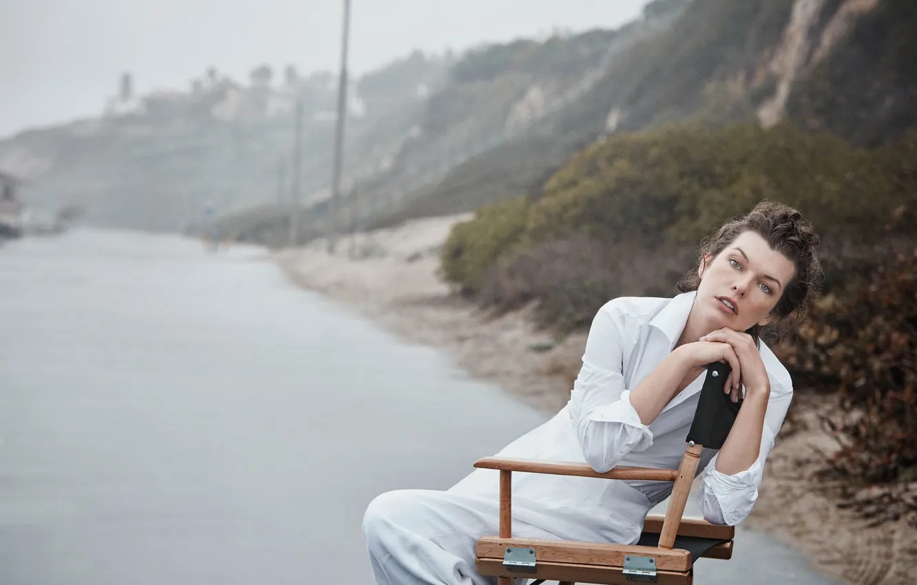 Photo wallpaper landscape, model, actress, brunette, photographer, journal, sitting, in white