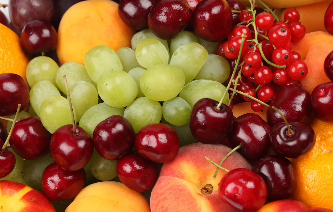 Photo wallpaper Apple, orange, grapes, peaches, currants, cherry