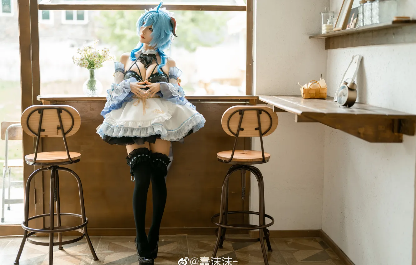 Photo wallpaper stockings, model, women, cosplay, asian, high heels, maid, maid outfit