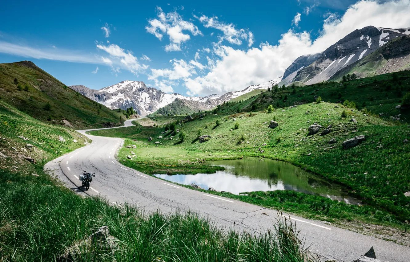 Photo wallpaper road, mountains, nature, lake