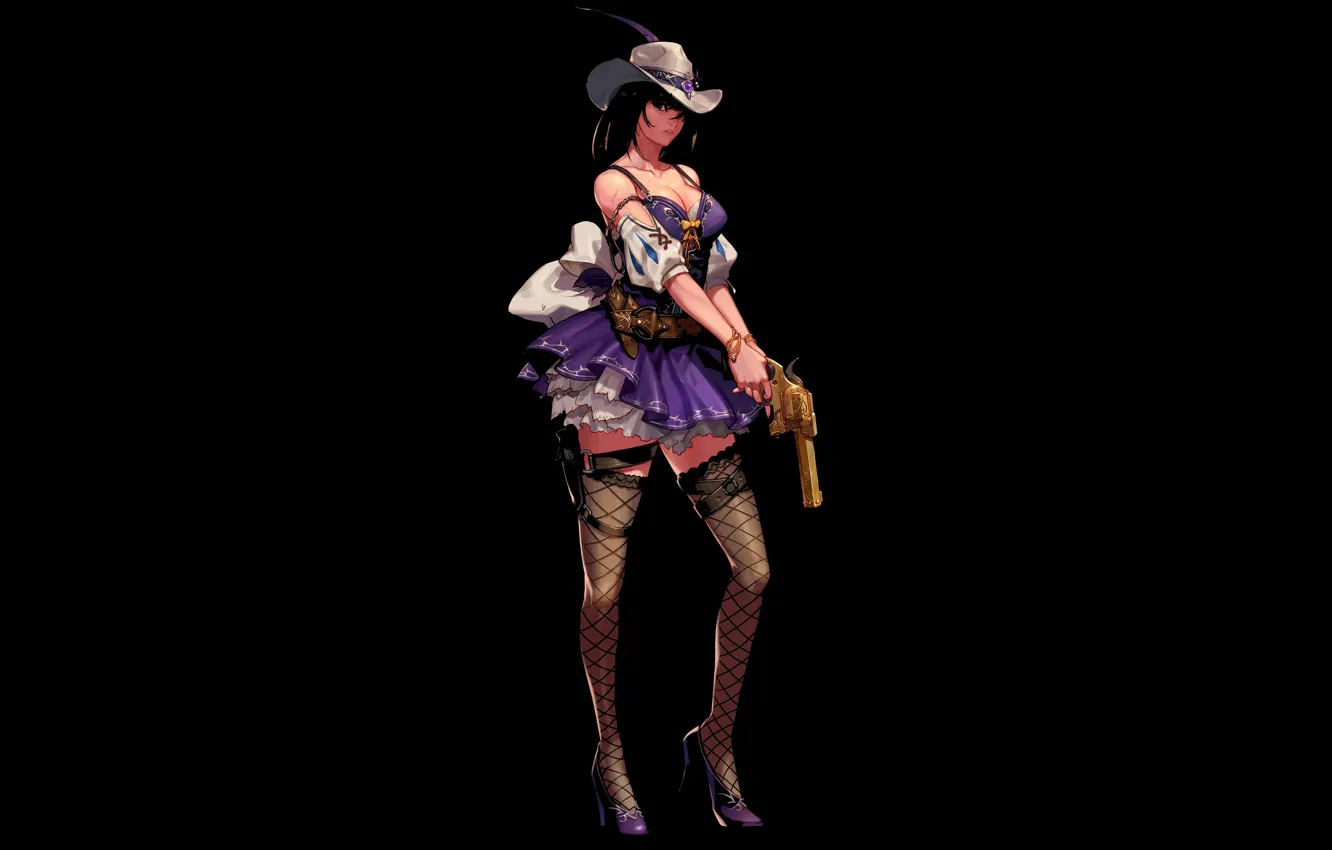 Photo wallpaper girl, the dark background, weapons, stockings, hat, revolver, dungeon and fighter