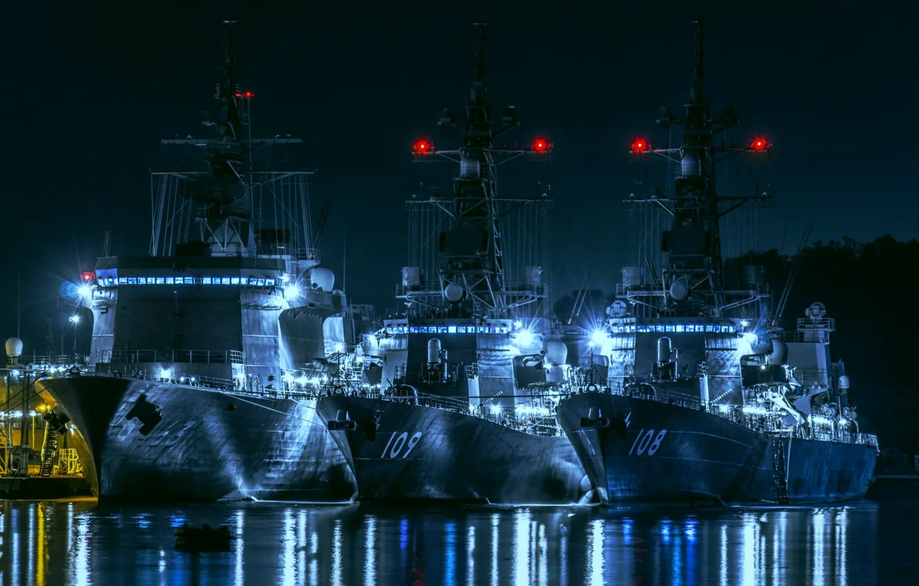 Photo wallpaper night, Japan, pier, destroyer