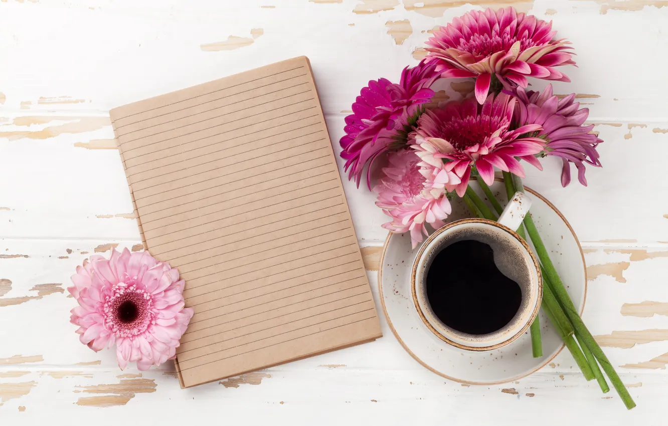 Photo wallpaper flowers, gerbera, wood, pink, flowers, coffee cup, good morning, with love