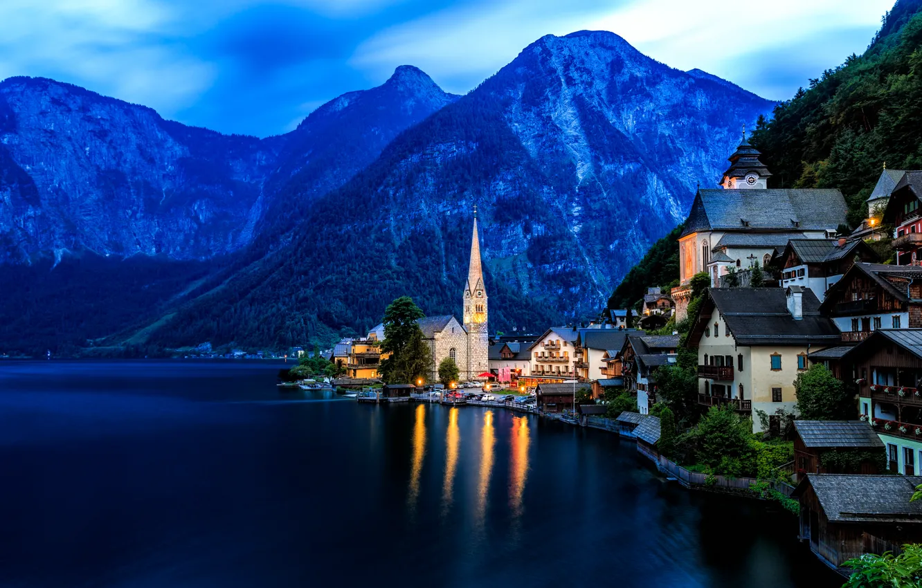 Photo wallpaper mountains, lake, home, Austria, Alps, Austria, Hallstatt, Alps