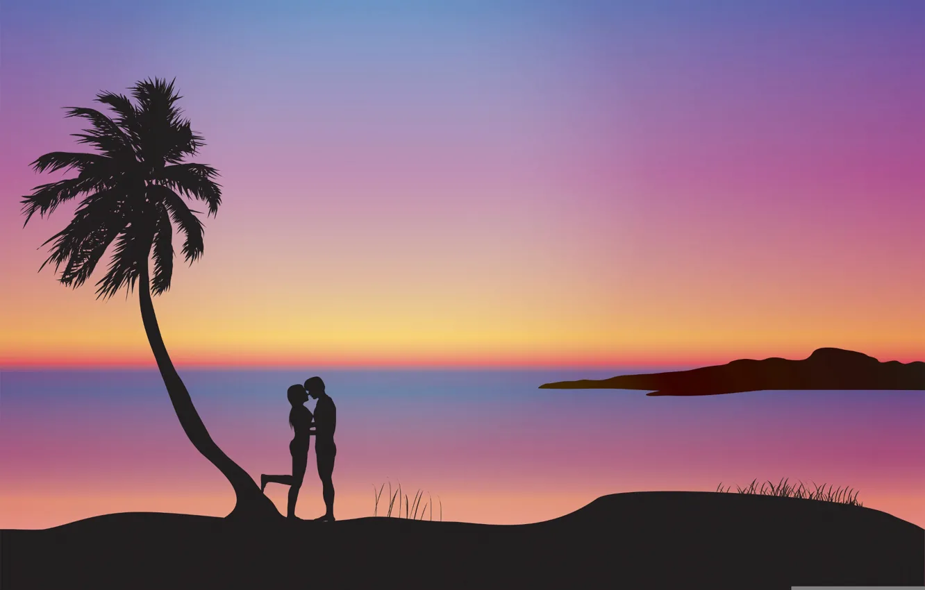 Photo wallpaper sunset, Palma, romance, pair, silhouettes, lovers, composition