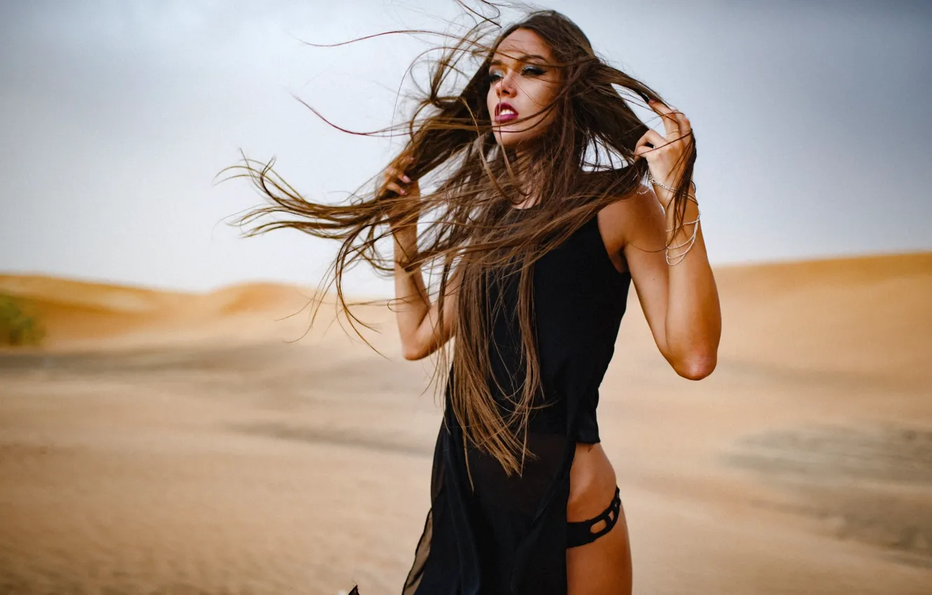 Photo wallpaper sand, mood, the wind, desert, model, hair, Natali Danish