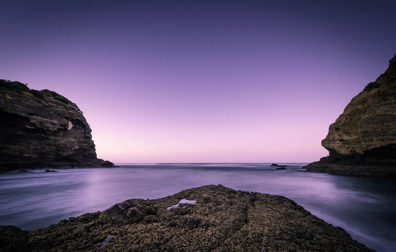 Photo wallpaper beach, the ocean, rocks, dawn, New Zealand