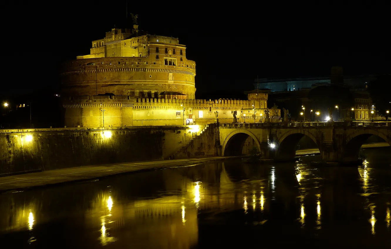 Photo wallpaper night, bridge, lights, river, Rome, Italy, The Tiber, Castel Sant'angelo