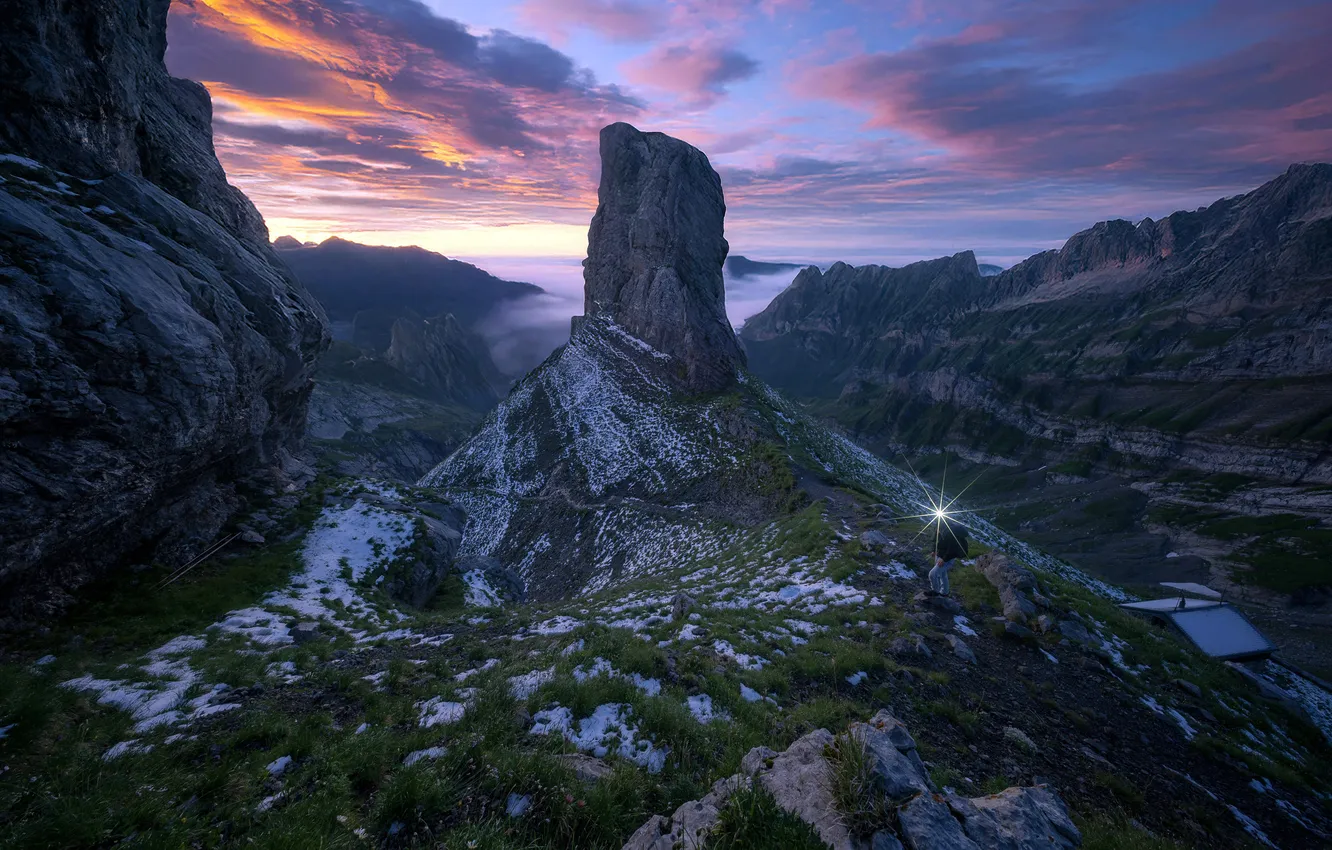 Photo wallpaper sunset, mountains, Switzerland, twilight, Switzerland, sunset, mountain, dusk