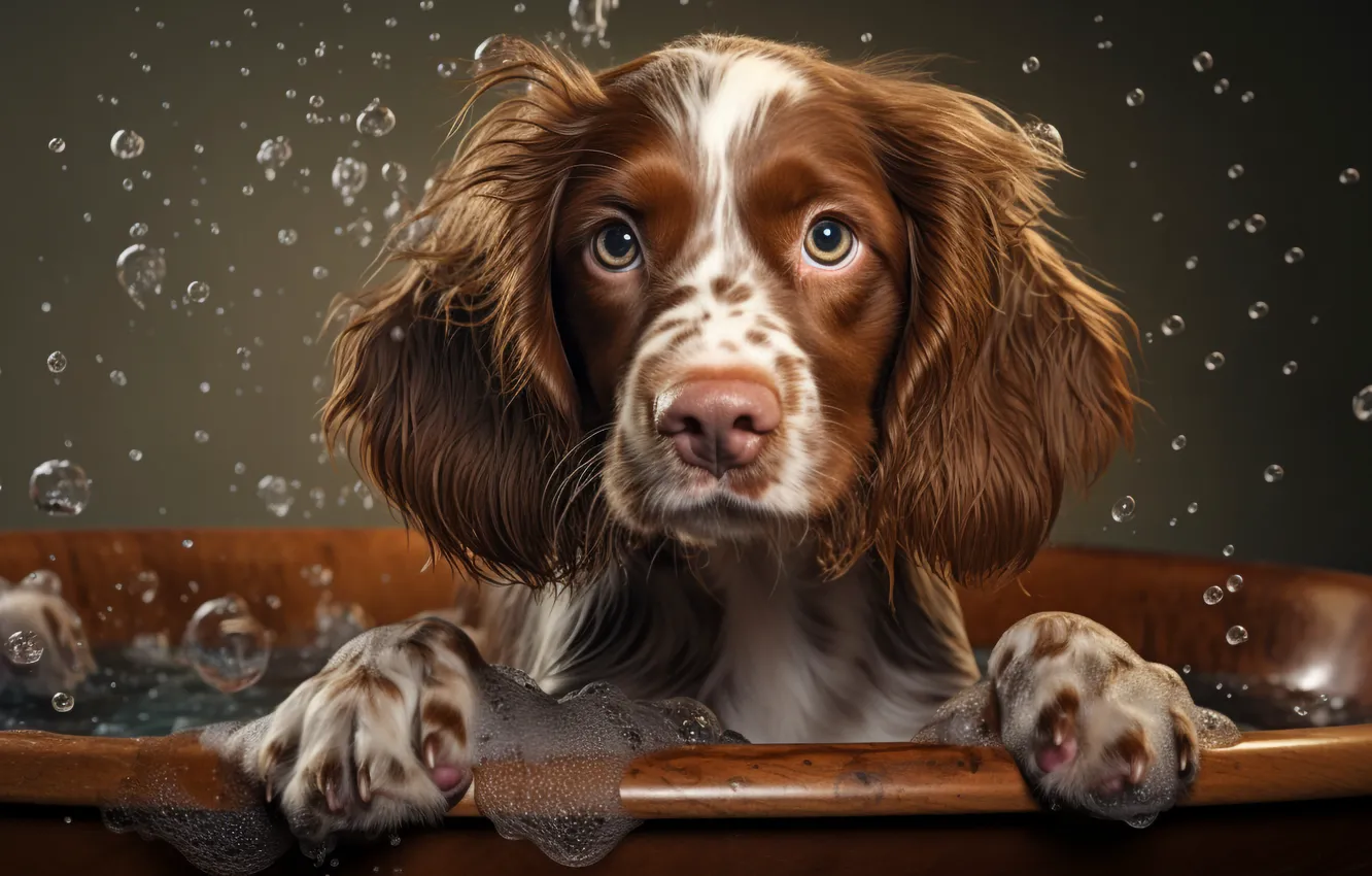 Photo wallpaper look, foam, water, pose, bubbles, portrait, dog, bathing