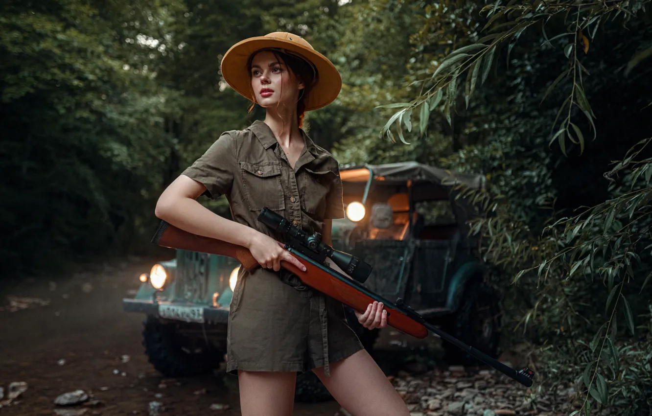 Photo wallpaper girl, hat, look, rifle, hunter, Viktoria Ageeva
