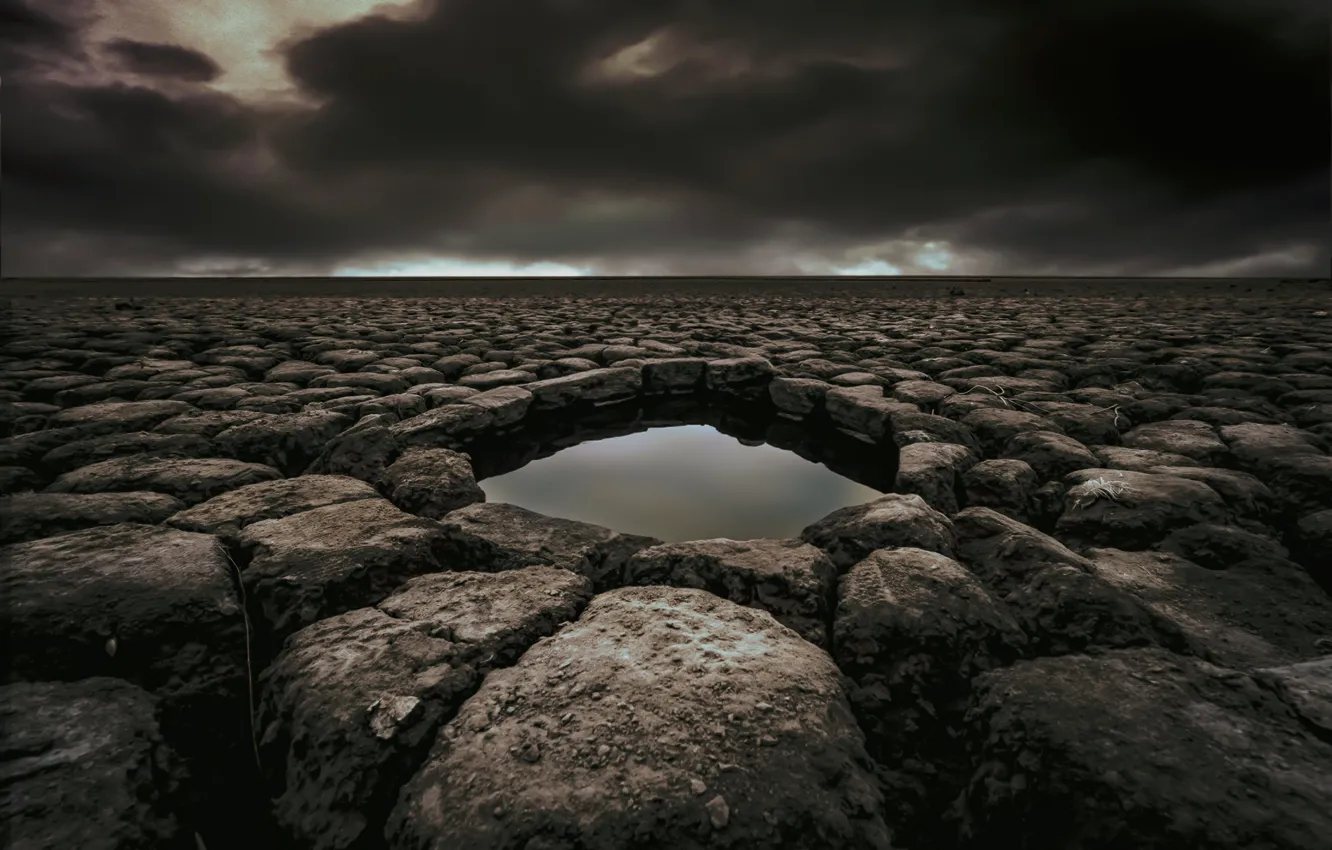 Photo wallpaper water, clouds, earth, drought, horizon, oasis