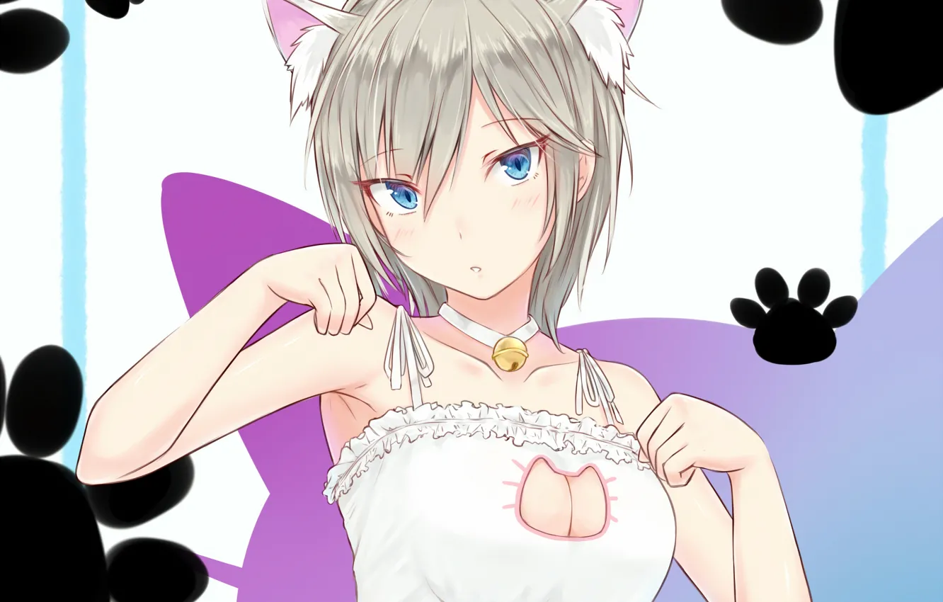 Photo wallpaper girl, sexy, Anastasia, cleavage, blouse, long hair, boobs, animal ears