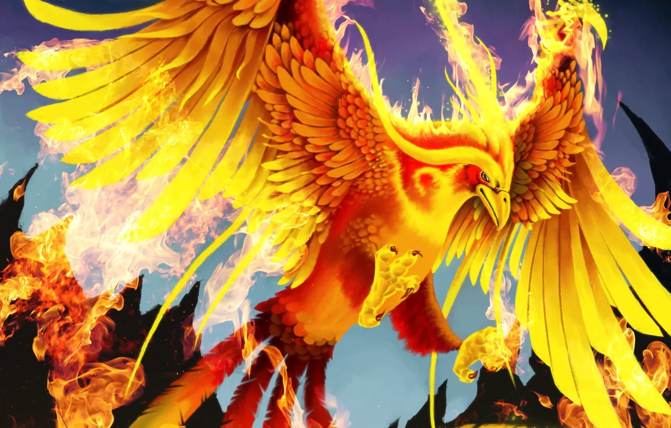 Photo wallpaper fire, bird, wings, art, tail, Phoenix