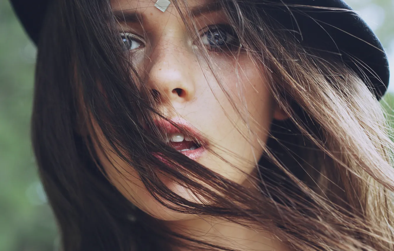 Photo wallpaper eyes, look, girl, face, hair, portrait, brown hair, photo