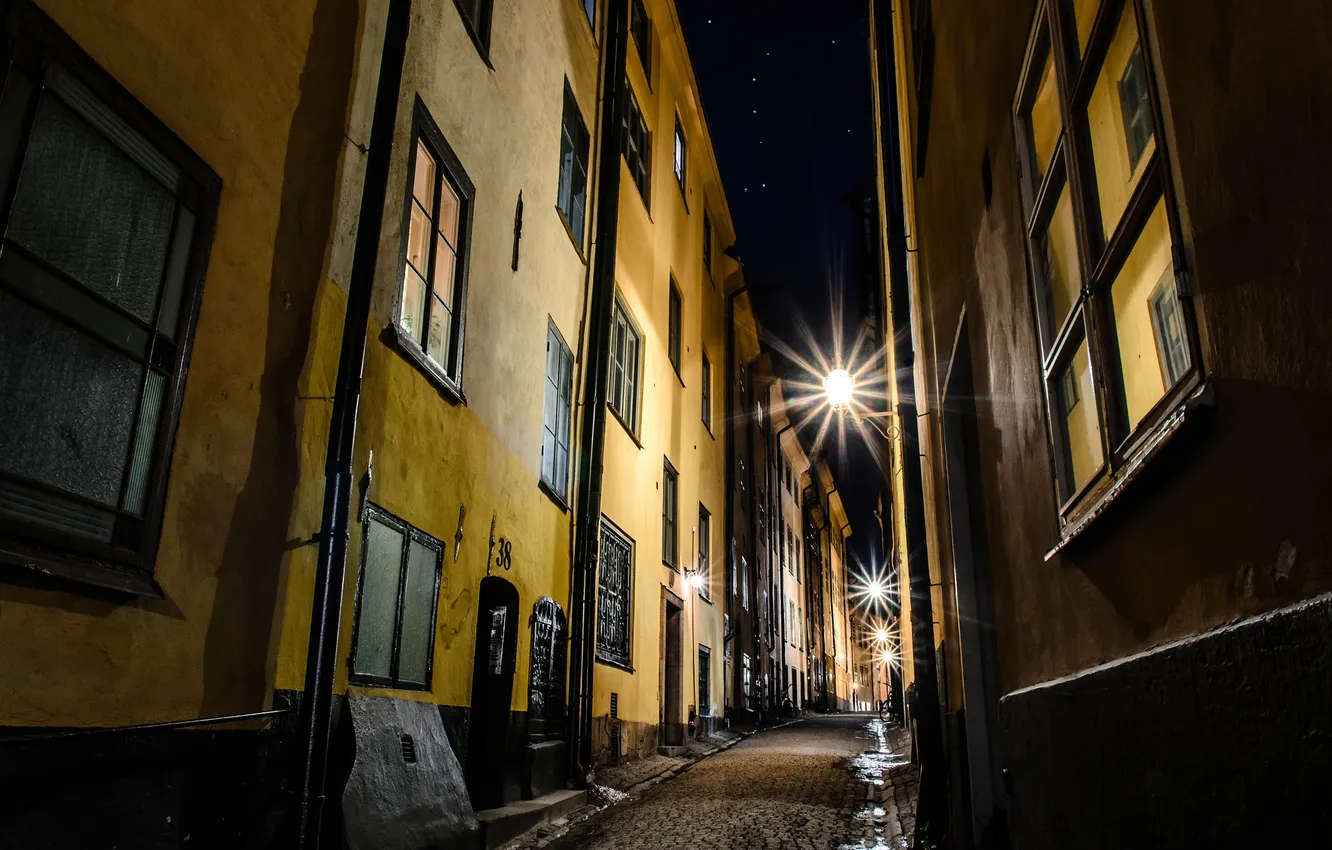 Photo wallpaper night, street, lights, Stockholm, Sweden, old town