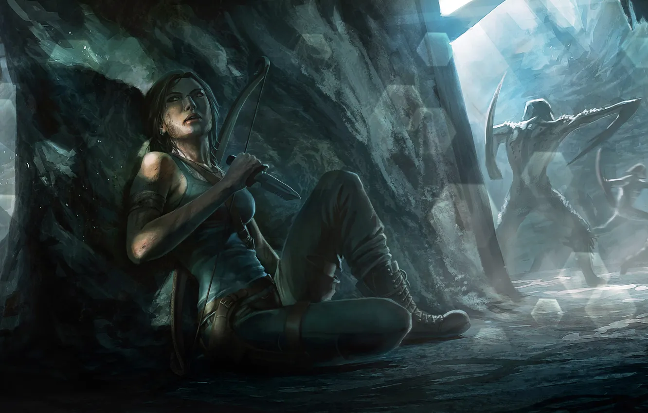 Photo wallpaper girl, monster, Tomb Raider, cave, Lara Croft