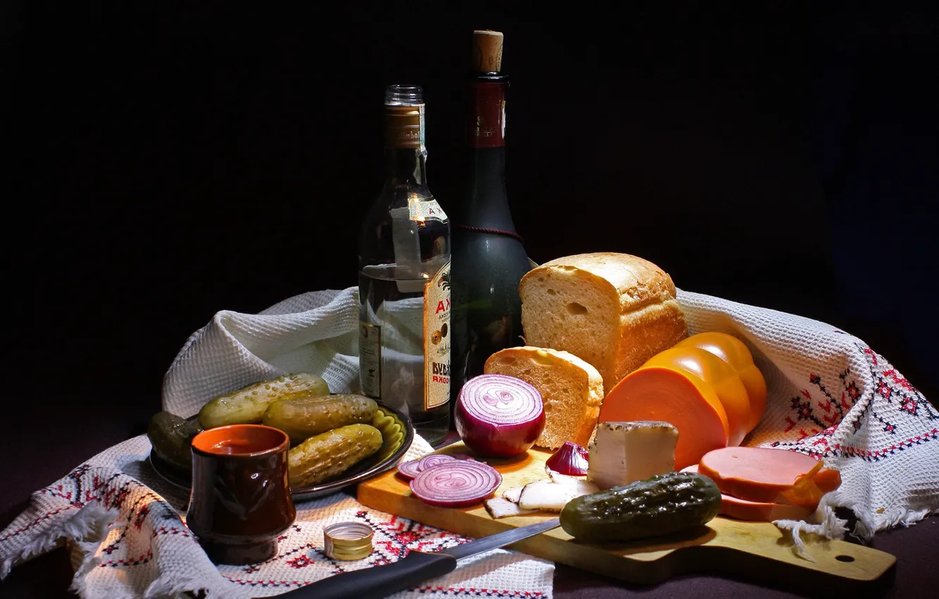 Photo wallpaper bottle, bow, bread, vodka, sausage, cucumbers