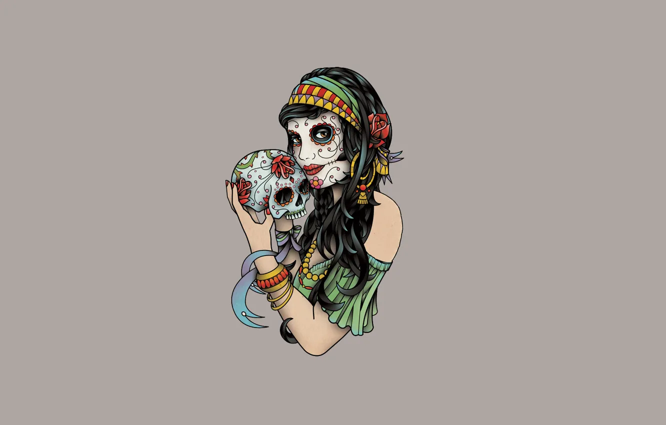 Photo wallpaper girl, flowers, rose, skull, minimalism, light background