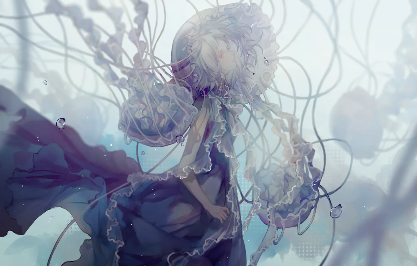 Photo wallpaper girl, jellyfish, under water