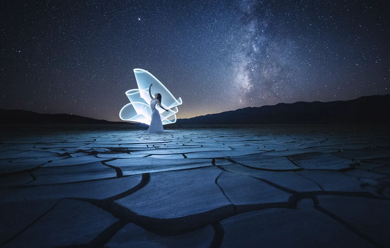 Photo wallpaper girl, stars, light, landscape, mountains, night, nature, cracked