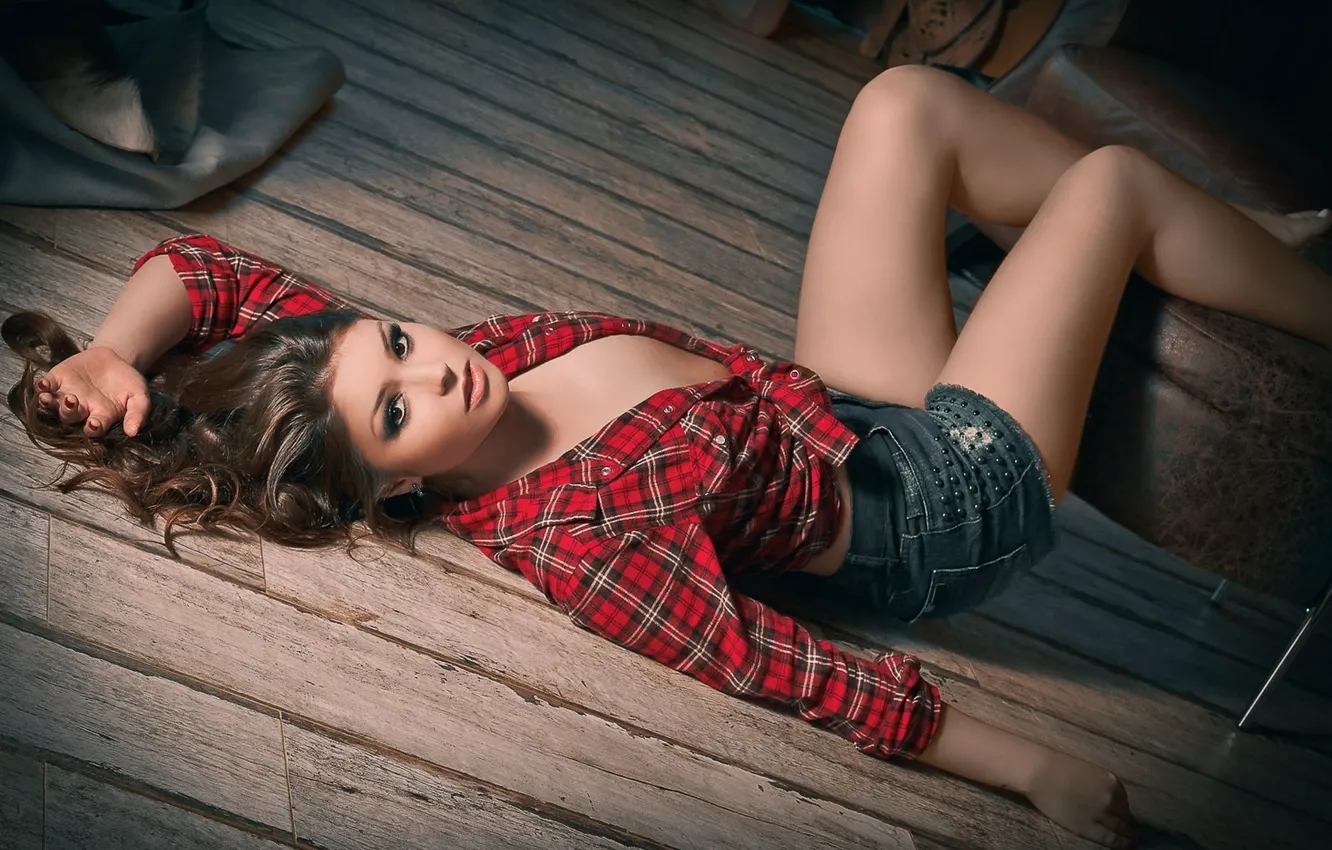Photo wallpaper look, girl, pose, floor, legs, bench