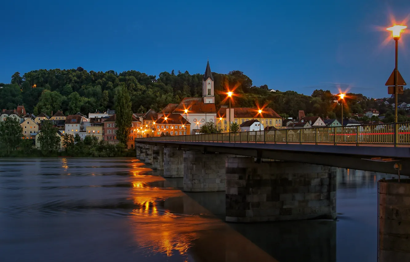 Photo wallpaper photo, Home, The evening, Bridge, The city, River, Germany, Bayern