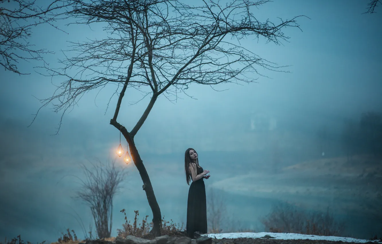 Photo wallpaper girl, dress, tree, fog, hair, lamps
