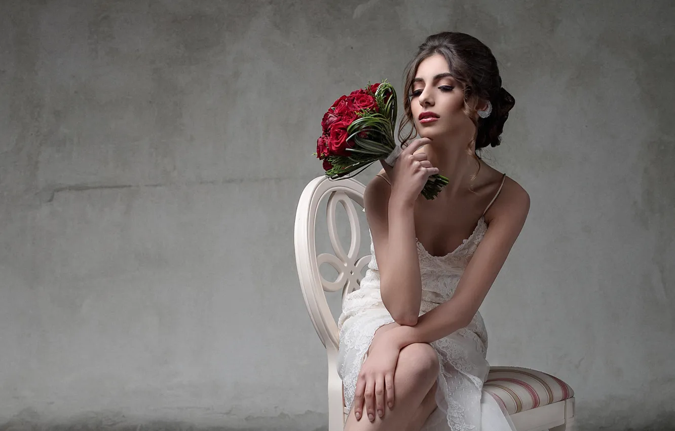 Photo wallpaper look, girl, flowers, pose, bouquet, makeup, dress, hairstyle