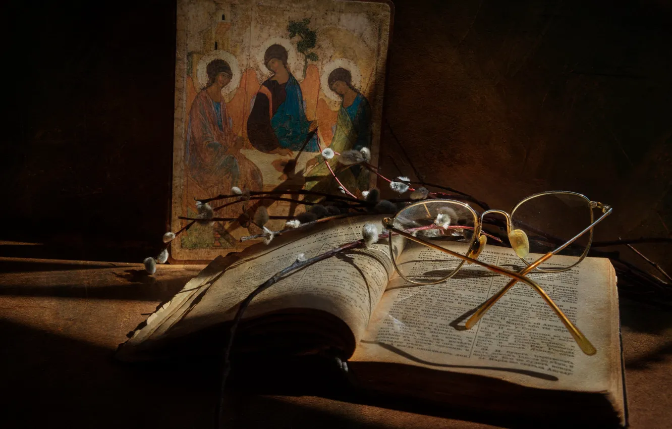 Photo wallpaper glasses, book, still life, Verba, faith, the Bible, icon, Trinity