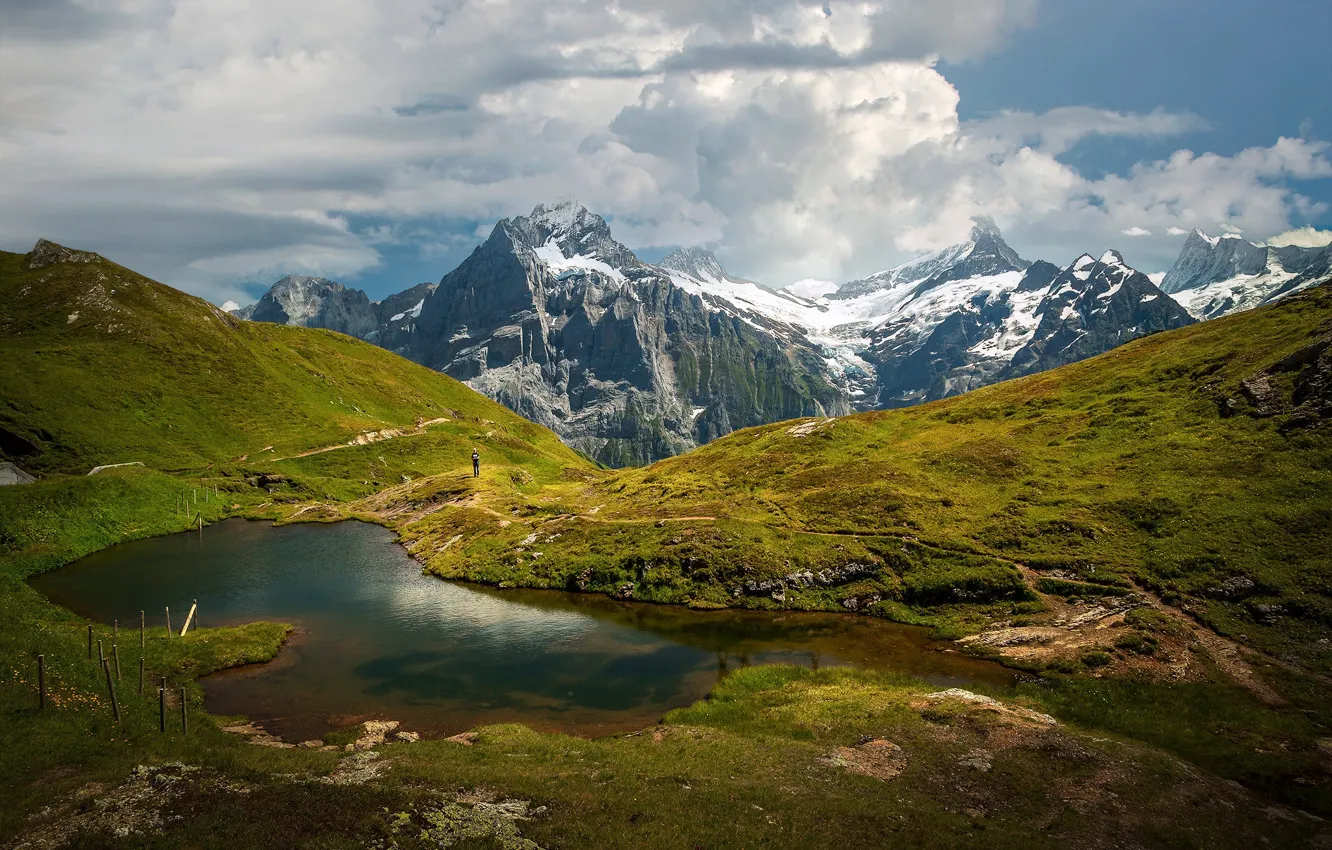 Photo wallpaper clouds, snow, mountains, lake, shore, tops, people, dal