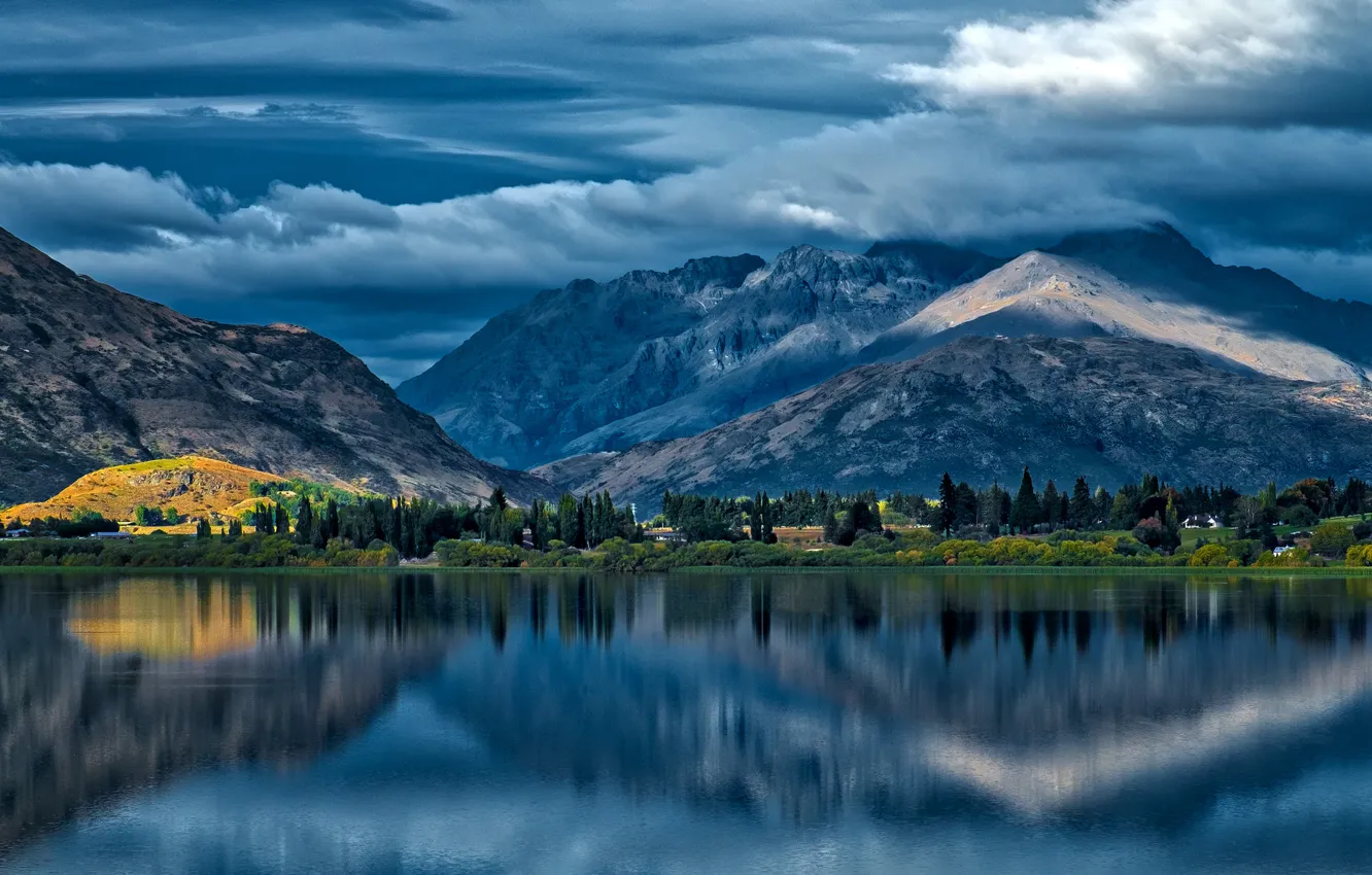 Photo wallpaper clouds, mountains, lake, reflection