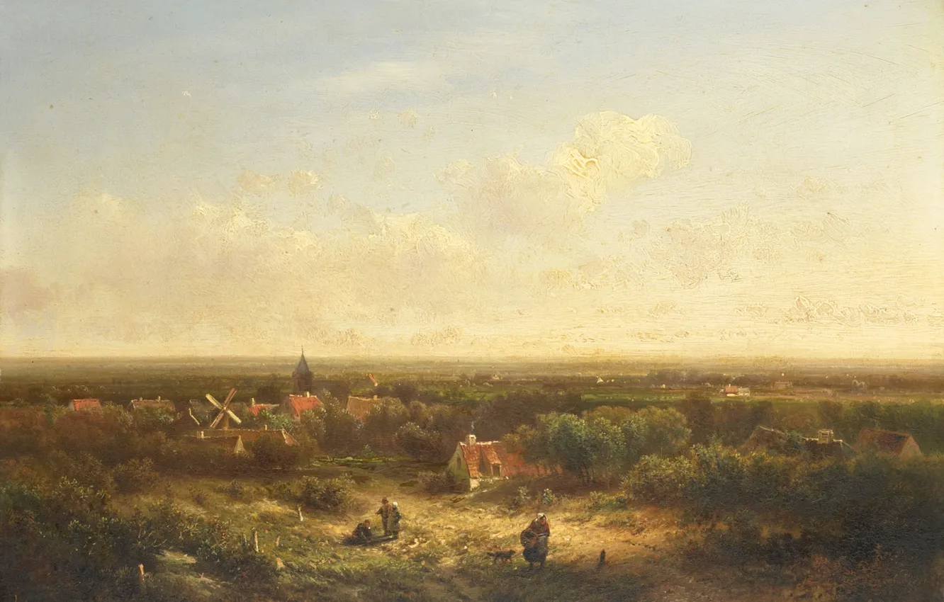 Photo wallpaper trees, oil, picture, Landscape with Village and Windmill, Pieter Lodewijk Francisco Kluyver