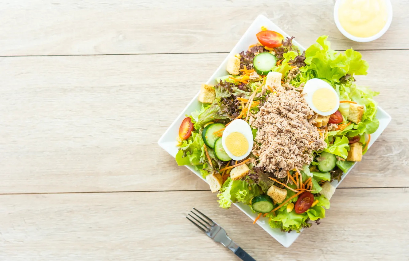 Photo wallpaper eggs, meat, tomatoes, sauce, cucumbers, salad, crackers