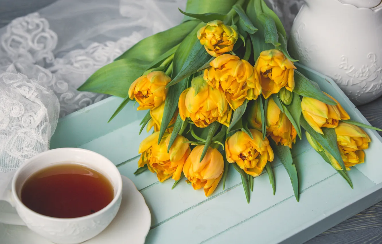 Photo wallpaper tea, bouquet, Cup, tulips, tray, romantic, Azerbaijan Stockers