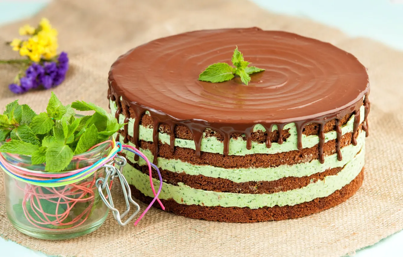 Photo wallpaper chocolate, cake, mint, layer