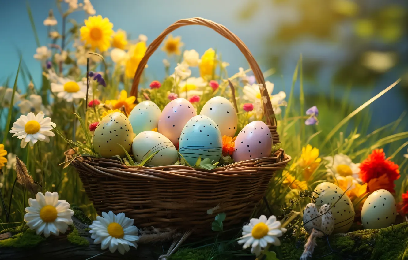 Photo wallpaper flowers, flowers, spring, eggs, happy, Easter, eggs, Easter