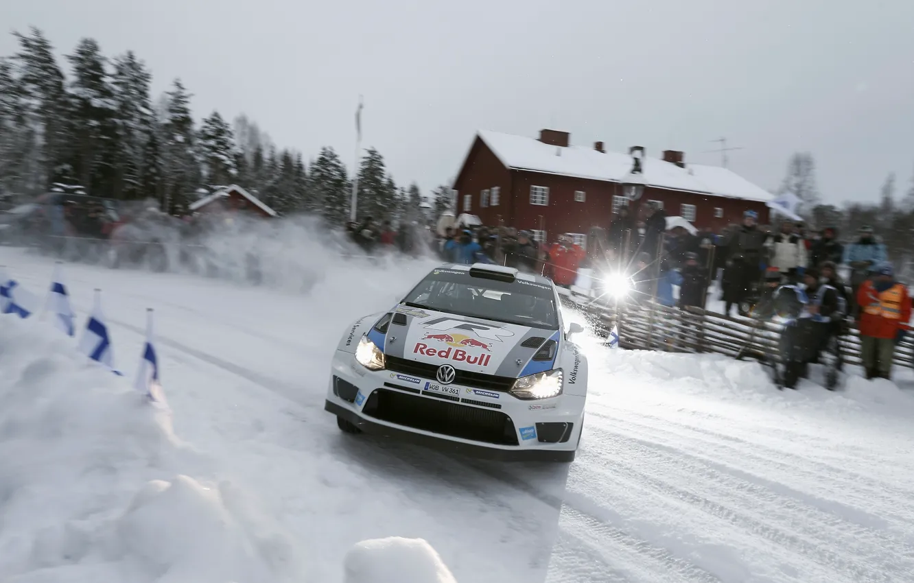 Photo wallpaper Snow, Volkswagen, People, Light, Flash, Skid, WRC, Rally