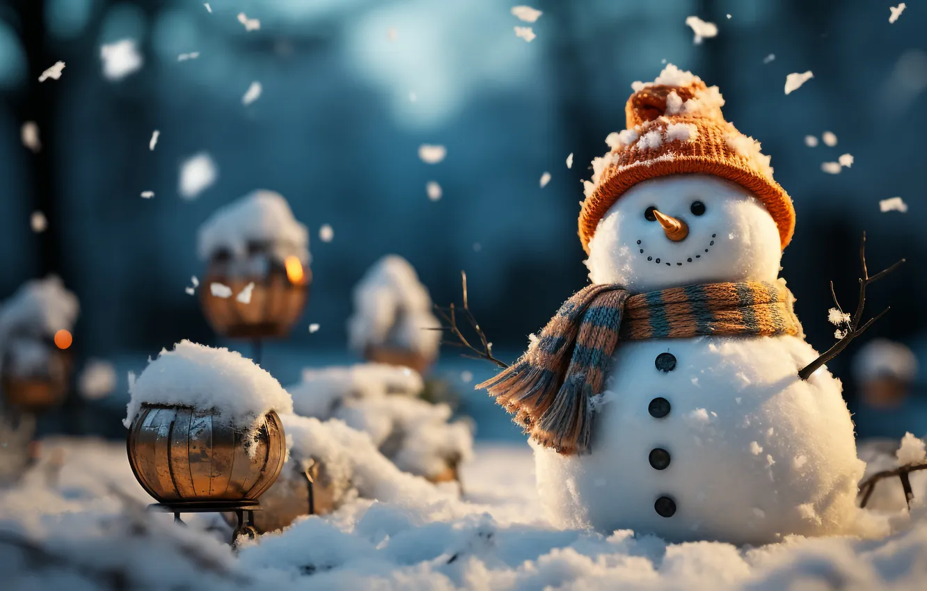 Photo wallpaper winter, snow, new year, Christmas, snowman, Christmas, winter, snow