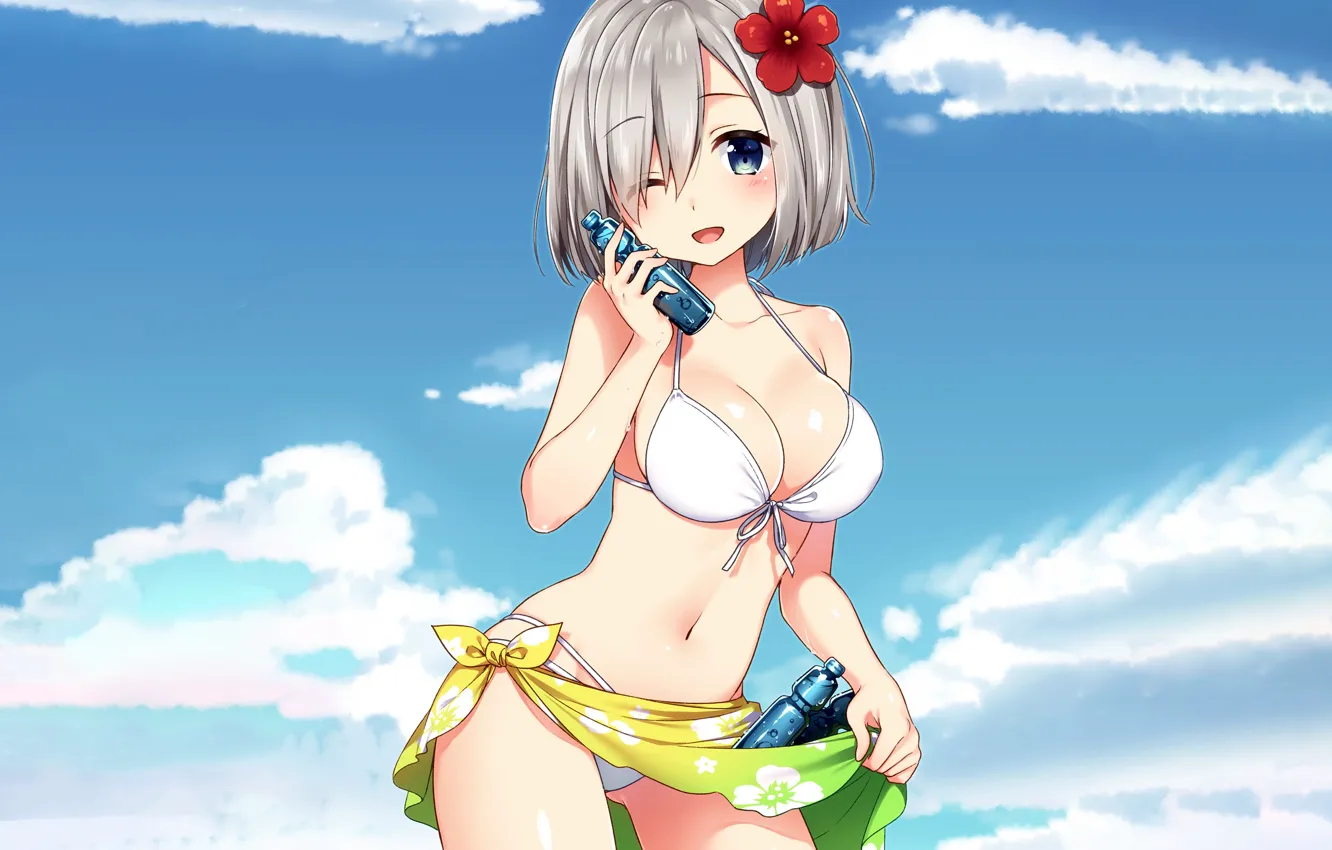 Photo wallpaper girl, sexy, cleavage, boobs, anime, blue eyes, beautiful, short hair