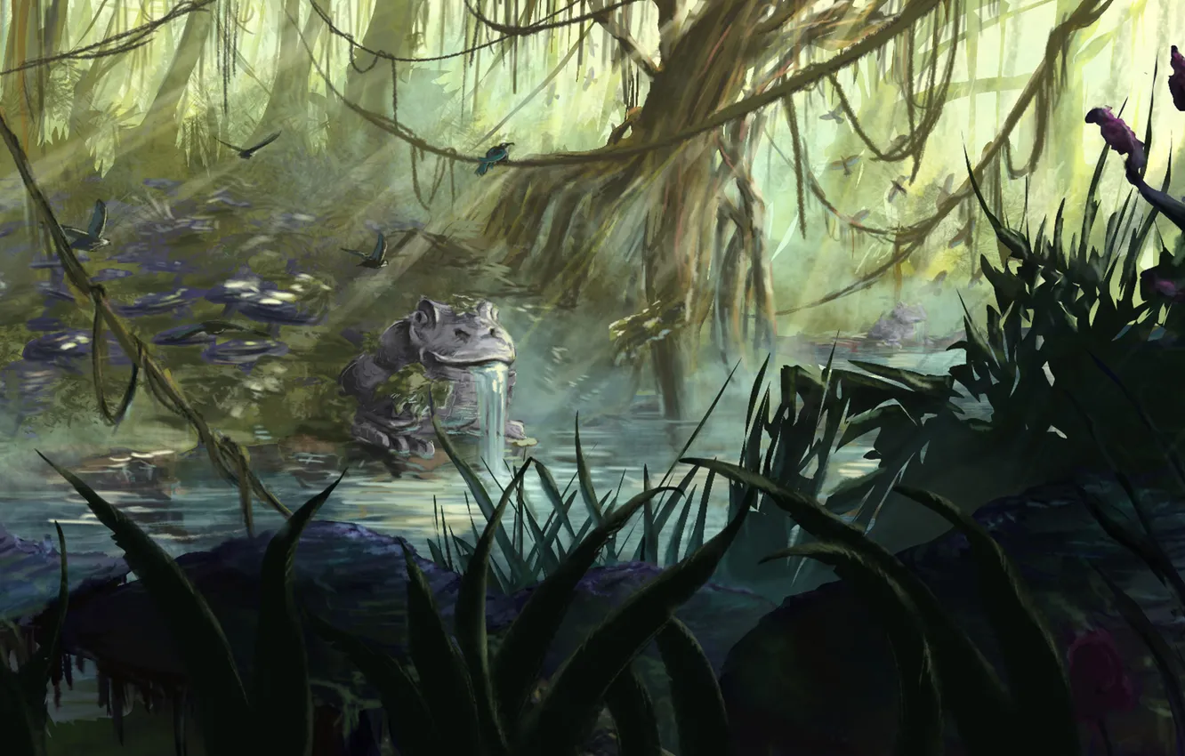 Photo wallpaper grass, water, flowers, river, plant, jungle, art, statue