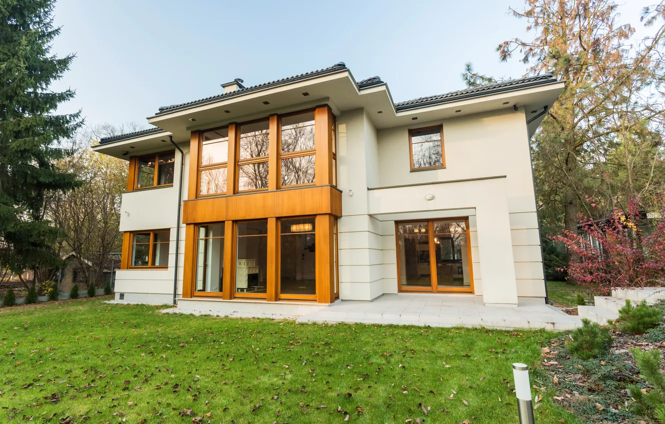 Photo wallpaper autumn, grass, leaves, trees, design, lawn, home