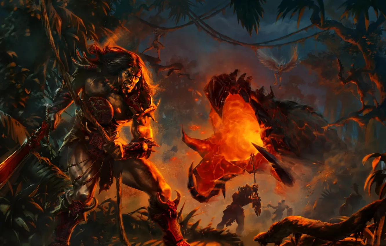 Photo wallpaper night, dragon, jungle, harpies, Barbara