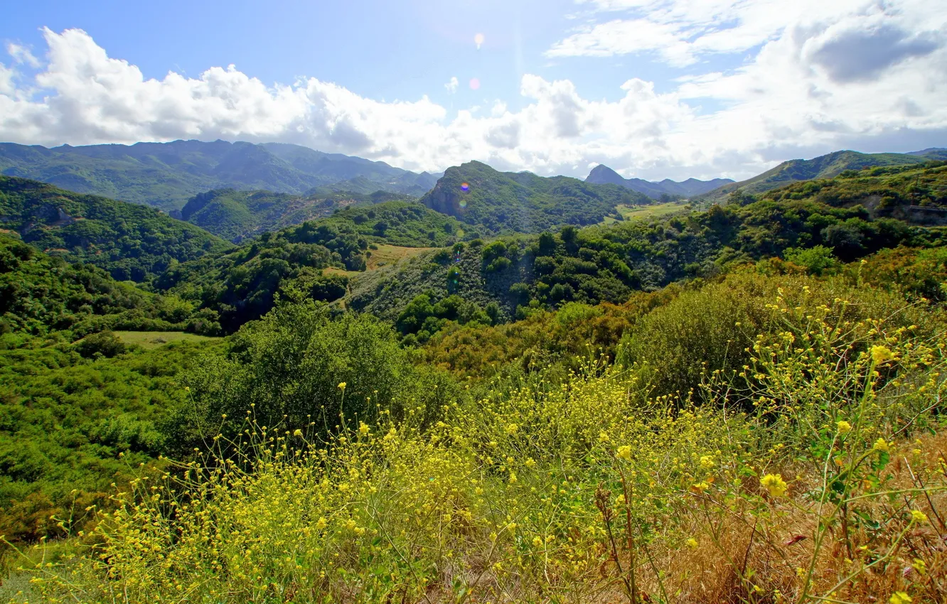 Photo wallpaper the sky, clouds, mountains, vegetation, CA, Malibu