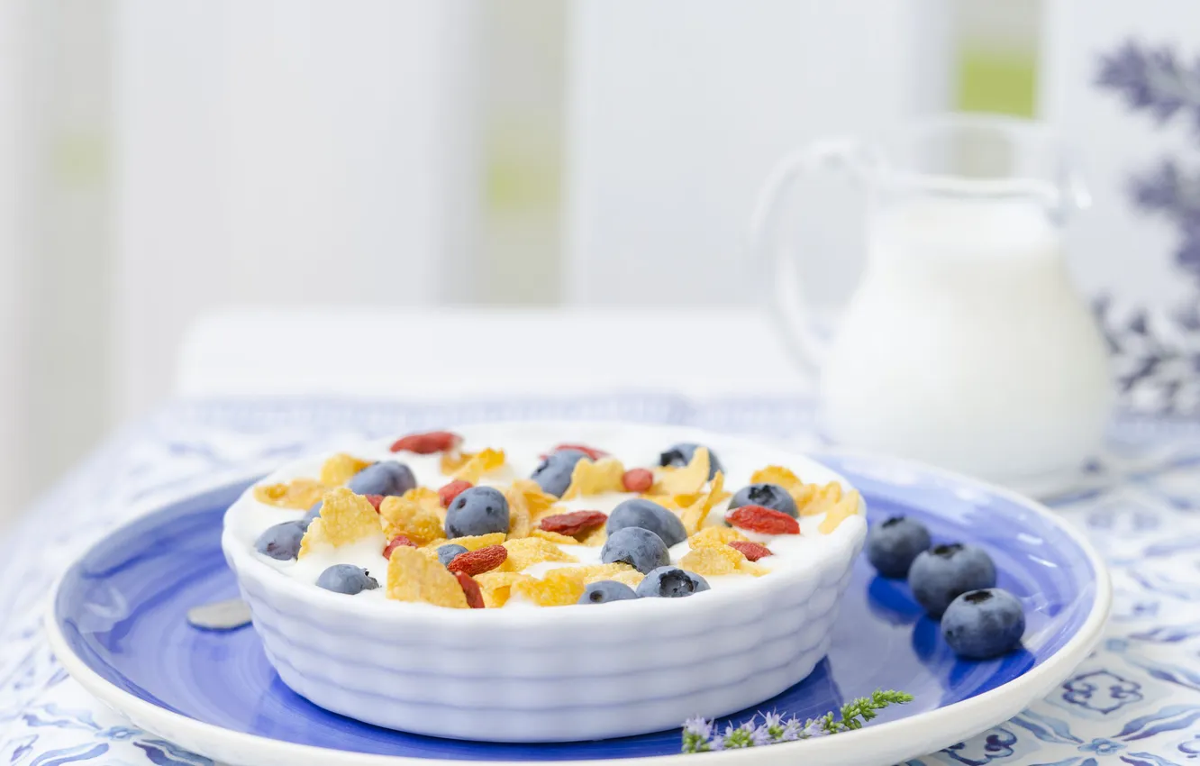 Photo wallpaper berries, milk, cereal, raisins, summer Breakfast