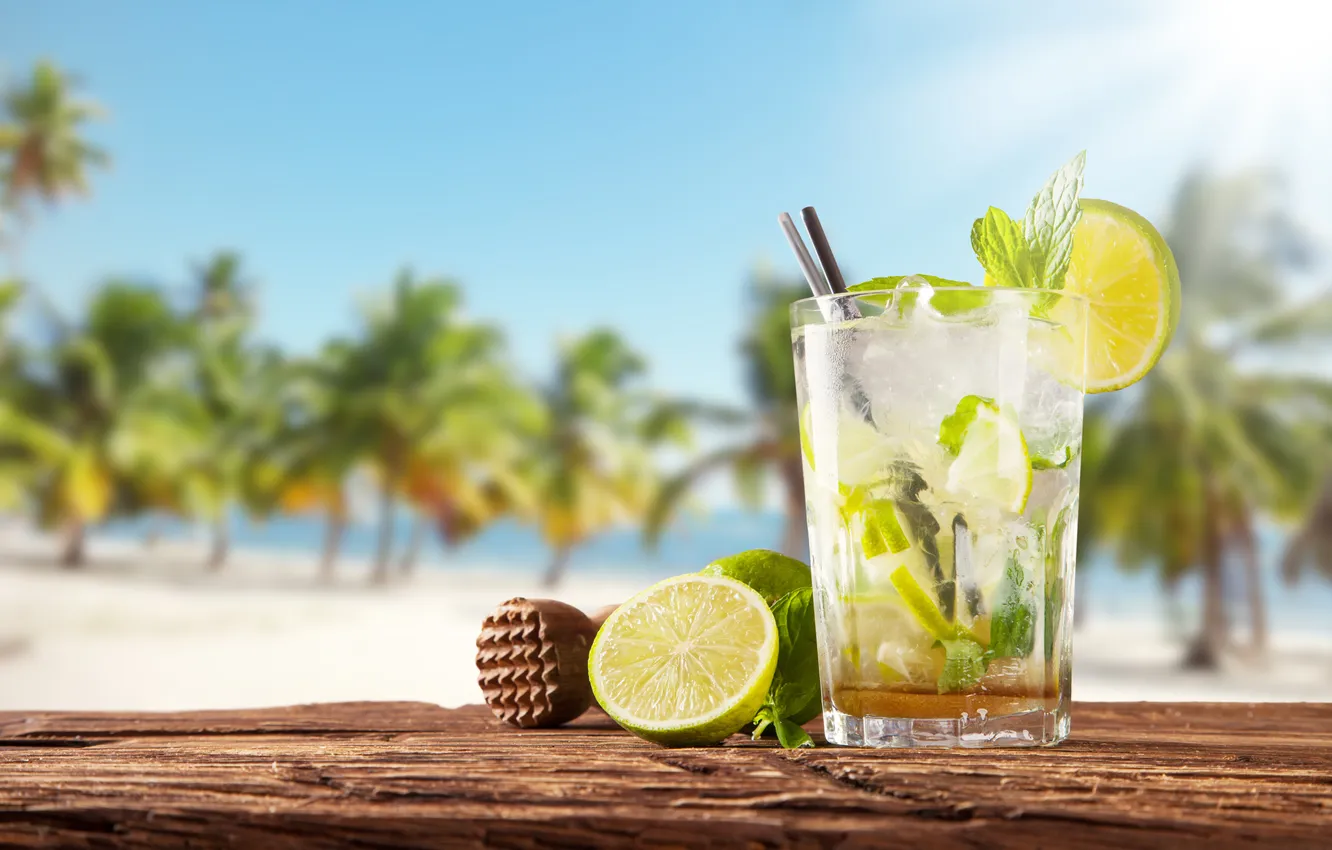 Photo wallpaper sea, beach, lime, drink, MOHITO