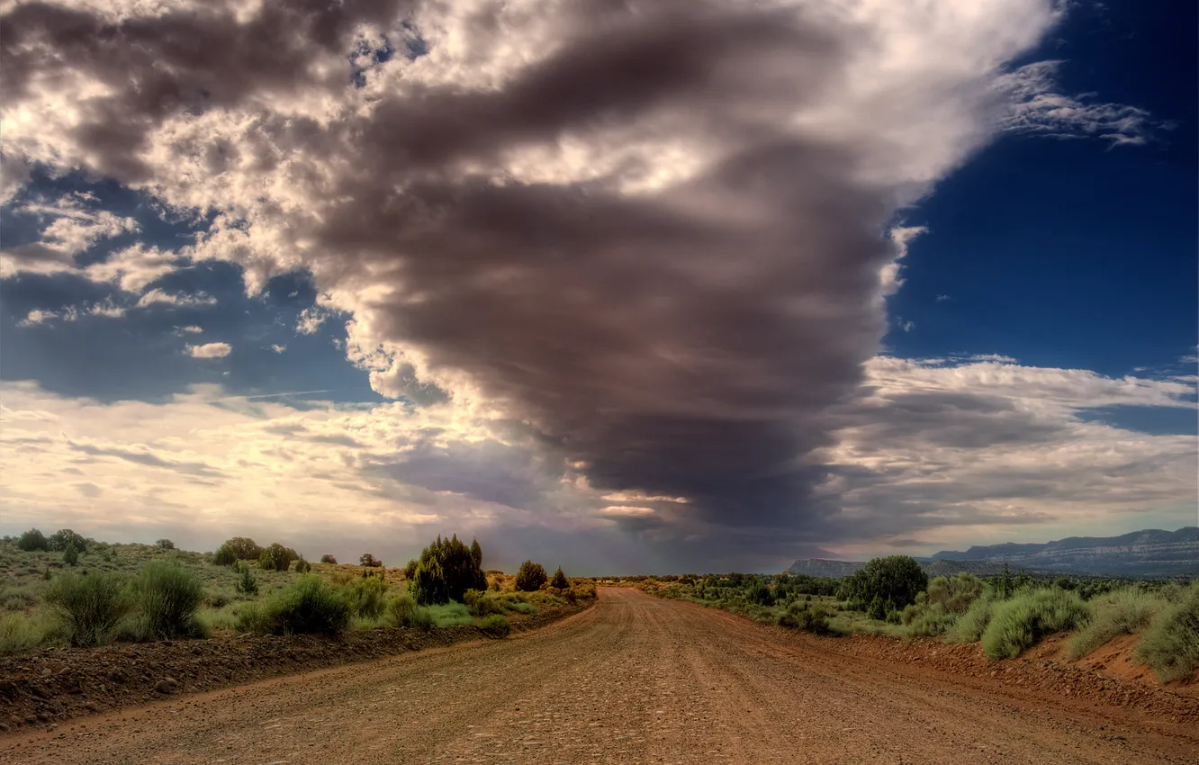 Photo wallpaper road, the sky, clouds, desert