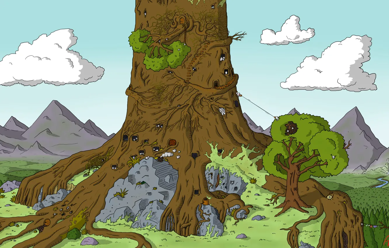 Photo wallpaper the sky, clouds, trees, stones, men, people